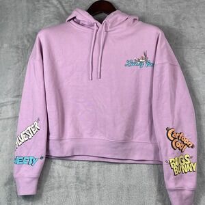 Womens Looney Tunes Hoodie M Bugs Bunny Sylvester Tweety Purple Cropped Graphic